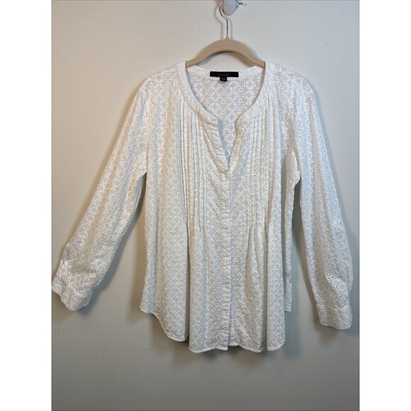 Fever Tops - Fever White Eyelet Pintuck Boho Blouse Women’s L Cotton Peasant Top